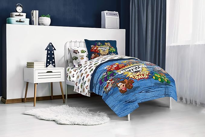 Monster Jam Truckin Pals 5 Piece Twin Bed Set - Includes Comforter & Sheet Set - Bedding Features Grave Digger & Megalodon - Super Soft Fade Resistant Microfiber (Official Monster Jam Product)