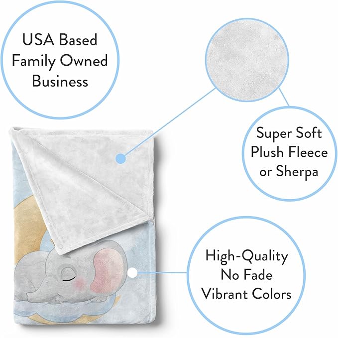 Personalized Baby Blankets with Name | Elephant Custom Baby Girl and Baby Boy Newborn Blanket | Unisex Warm Soft Sherpa Swaddle Blanket Minky | (Elephant, Sherpa 60"x80")