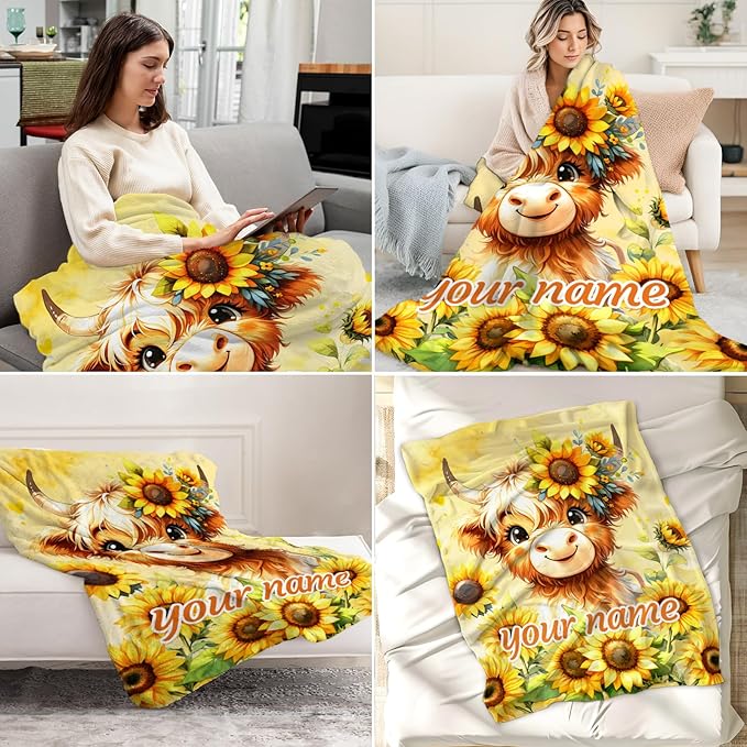 Personalized Highland Cow Blanket Gifts - 40" x 50" Inches Cartoon Highland Cow Throw Blanket for Girls - Yellow Soft Furry Throw Gift for Sofa, Crib & Bed