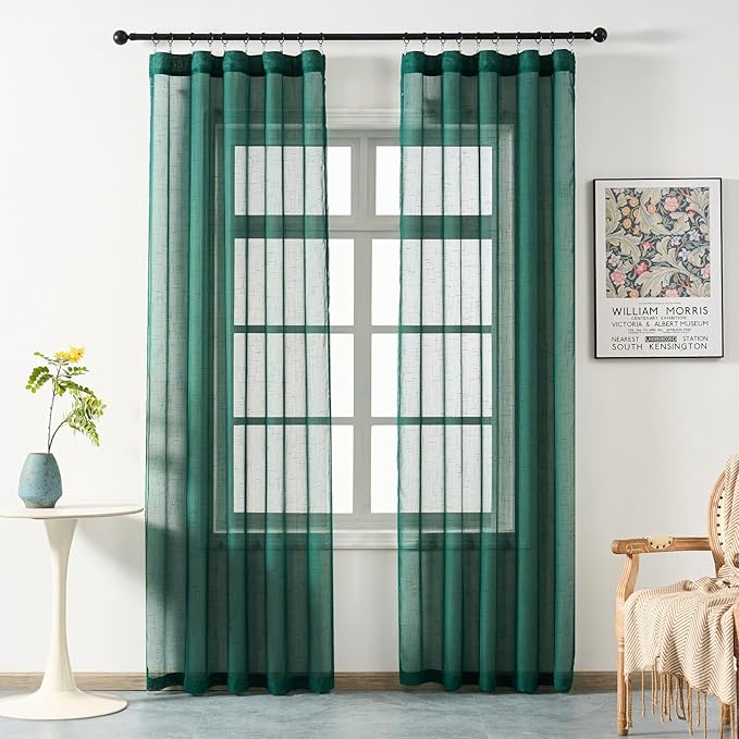 Emerald Green Curtains Sheer 96 Inches Long, Dark Linen Look Textured Light Filtering Drapes Decor, Hunter Green Transparent Window Treatments, Pinch Pleat Curtain with Hooks