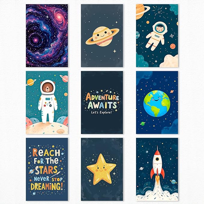 9 Pieces Outer Space Theme Nursery Canvas Wall Art, Charming Bear Astronaut Planets Rocket Poster for Kids Room, Baby Boys Playroom Bedroom Stars Cosmos Picture Print 12x16in Unframed