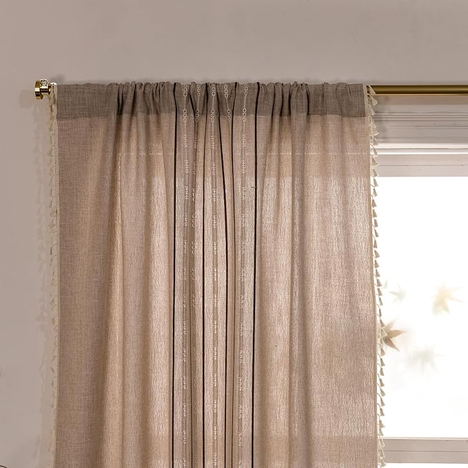 Deeprove Boho Style Curtains 96 inches Long, Vintage Bohemian Embroidery Striped Farmhouse Cotton Linen Fringe Window Treatments Bedroom Living Room Nursery, W52 x L96, 1 Panel Khaki and Brown