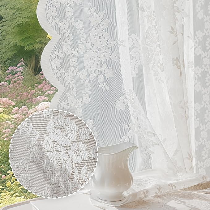 Anmao Vintage Lace Curtains 90 Inches Long 2 Panels, Romantic Elegant Light Filtering Semi Sheer Floral Thick Lacy Curtain Drapes for Living Room and Bedroom, Each Panel 55W x 90L, White Rose