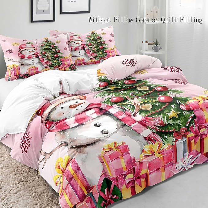 LUVIVIHOME 3PCS Snowman Duvet Cover Queen Bedding Sets, Pink Duvet Cover, Kids Teens Girls Bedding, Christmas Tree Snowflake Holiday New Year Xmas Gifts Christmas Comforter Quilt Cover, 2 Pillow Shams