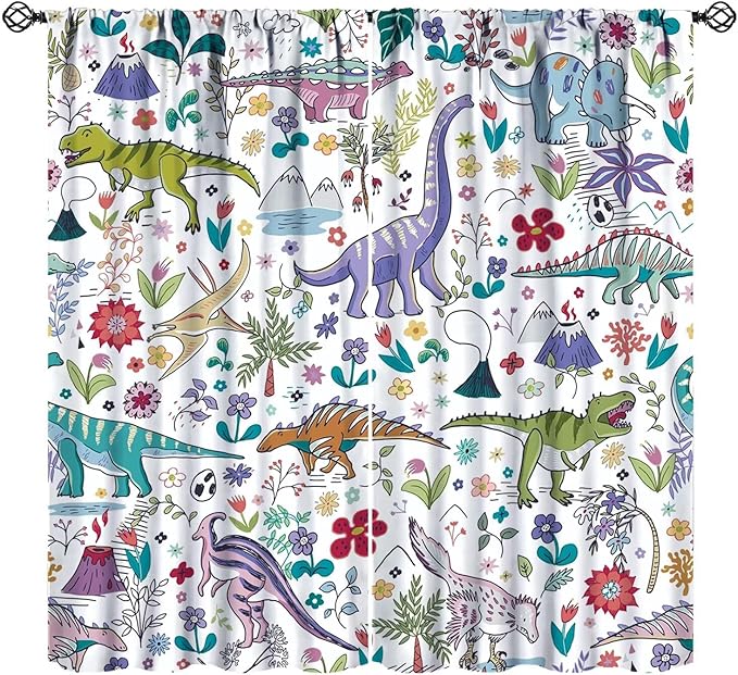 Dinosaur Curtains Cartoon Cool Funny Dino Tropical Plant Leaves Flowers Aesthetics Art Print for Kids Boys Bedroom Living Room Rod Pocket Decoration Window Drapes 2 Panels W27.5xL63in