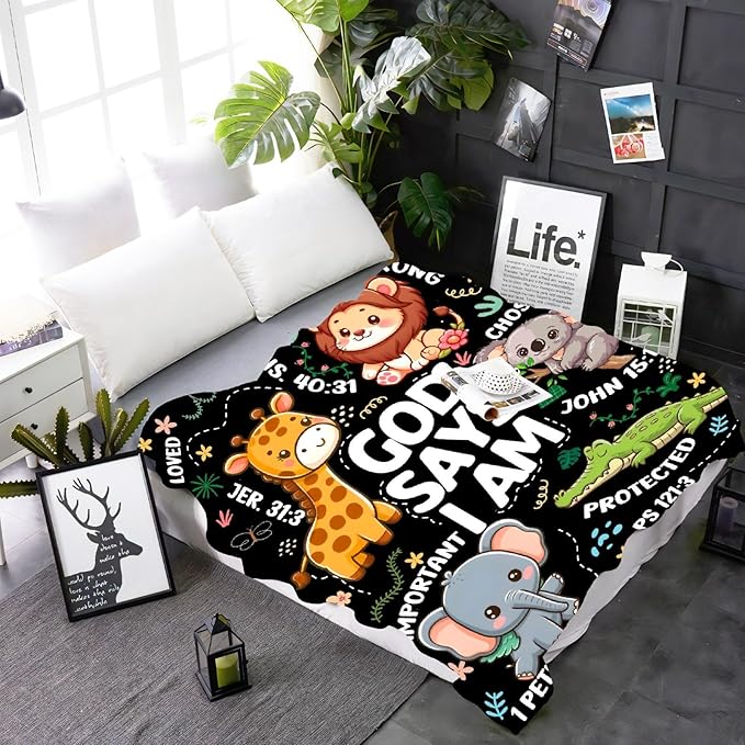 Bible Verse Blanket, Christian Gifts, God Says I am Blankets,Giraffe Lion Koala Elephant Print Animal Blankets, Cute Religious Baptism Gift for Son,Animals Lover Room Bed Decoration, 60"x80"