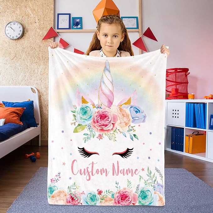 Custom Horse Blanket with Name for Girl, Personalized Name Blanket for Kids, Soft Flannel Pink Toddler Blanket Customized Gift for Birthday Christmas Baby Shower Children Day 40x50in