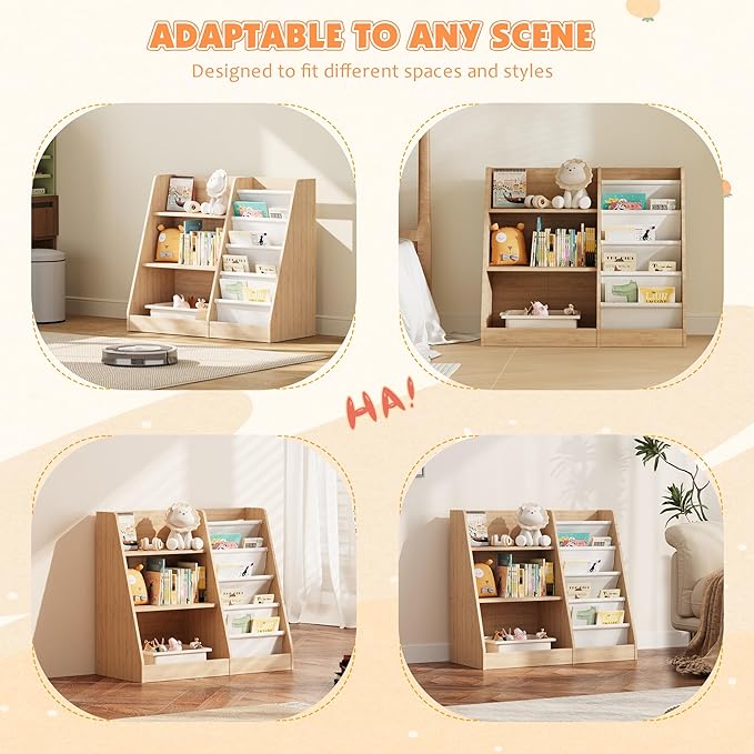 NACHES 3 Tier Kid Bookshelf Wooden 4 Sling Children Bookcase Adjustable Toddler Montessori Rack Display Toy Storage Organizer Book Display Shelf Classroom Bedroom Nursery Playroom, 25inch(Burlywood)