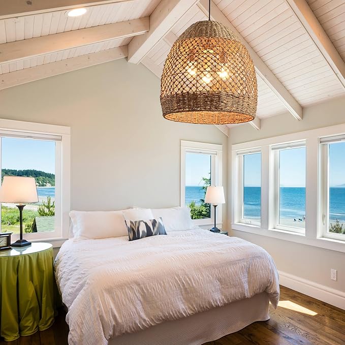 19.7" Rattan Light Large Pendant Light Fixture,Boho Coastal Ceiling Hanging Woven Wicker Chandelier of Farmhouse Living Room Kitchen Island Dining Room, Hallway