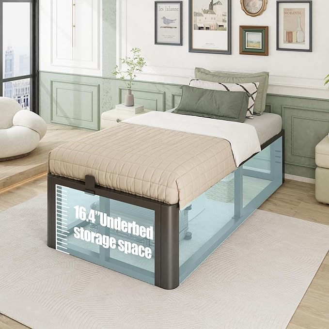 Metal Heavy Duty 18 inch Twin Bed Frame with Rounded Corner and Headboard Hole Mattress Retainers 3500 LBS No Box Spring Needed Platform Noise Free Easy Assembly