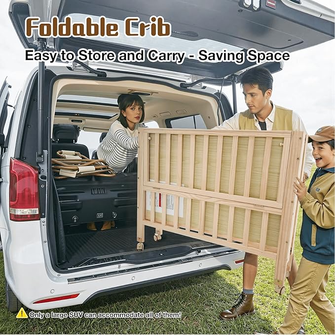 Portable Mini Baby Crib - Pine Wood Foldable 4-in-1 Baby Crib with Mattress,Portable Bedside Bassinet Sleeper,3 Adjustable-Height Baby Cribs for 0-18 Months,Unpainted