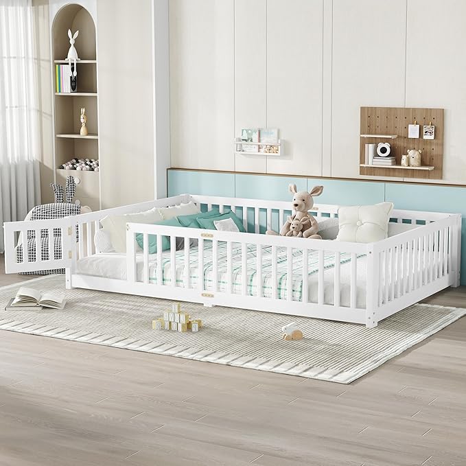 Harper & Bright Designs Queen Floor Bed Frame with Safety High Fence, Wood Montessori Beds with Door, Floor Bed Queen with Solid Wood Support Slats for Boys, Girls, Kids, White