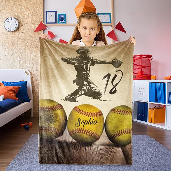 Custom Softball Blanket with Number Name: Personalized Fluffy and Warm Gift for Baby Toddler Kids and Adults Birthday Skin-Friendly Flannel Fabric(50X60inch)