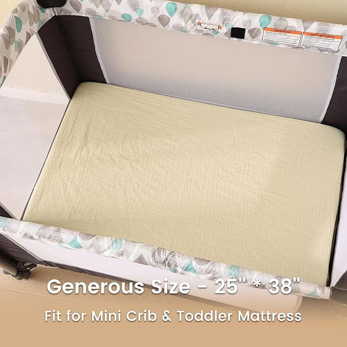 david's kids Muslin Mini Crib Sheets, 2 Pack Cotton Pack N Play Sheets for Boys Girls Neutral, Soft Breathable Baby Sheets Fit Pack N Play, Playard and Mini Crib Mattresses, Beige & Ginger