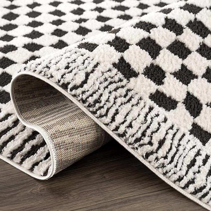 Hauteloom Leryn Contemporary Checkered Runner Rug - Modern Geometric Bordered Carpet for Hallway, Kitchen - Checkboard Design - Square Tiles - High Pile - Black and White - 2'8" x 7'3" (2x8)