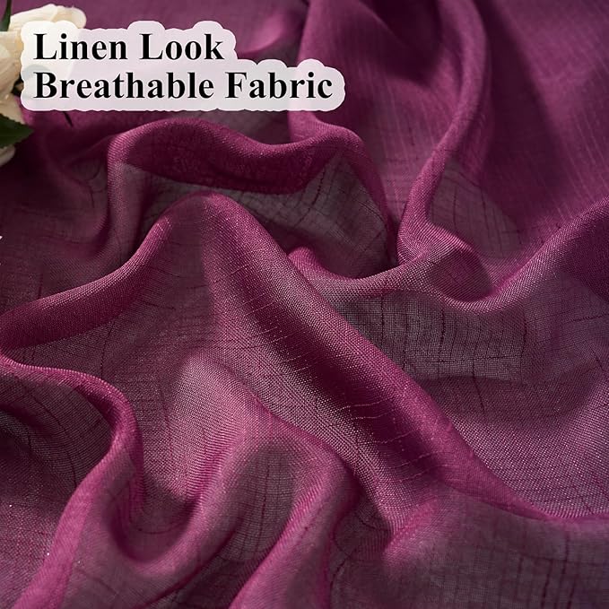 Plum Purple Curtains Sheer 108 Inches Long, Dark Linen Look Textured Light Filtering Drapes, Rustic Eggplant Transparent Window Decor, Floor to Ceiling Pinch Pleat Curtain with Hooks