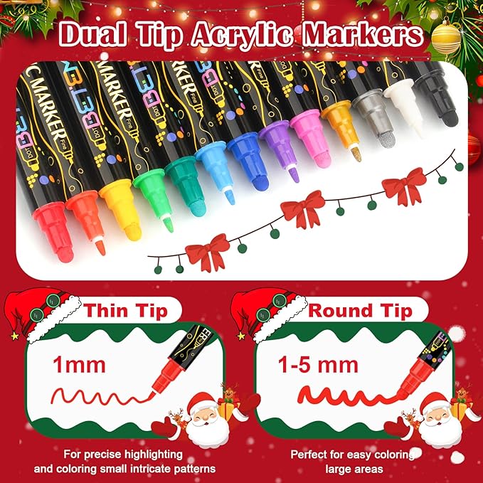 Betem 24 Colors Dual Tip Acrylic Paint Pens Markers, Premium Acrylic Paint Markers Stocking Stuffers for Rock, Wood, Fabric, Glass, Canvas, Ceramic, Christmas Gifts for Teens DIY Crafts Art Supplies