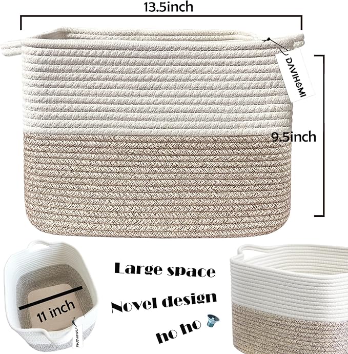 Square Woven Cotton Rope Basket for Organizing, Gift Baskets for Handles, Empty Gift Baskets, Toy Basket for bins|13.5" x 11" x 9.5" home decor for Living Room, Bathroom（White Brown）