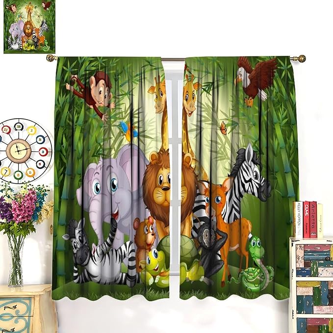 Cartoon Animal Curtains, Cute Animals Bamboo Forest Blackout Window Treatments, Rod Pocket Thermal Insulated Drapes 2 Panel Sets for Kids Room Nursery Classroom, 42" W X 54" L