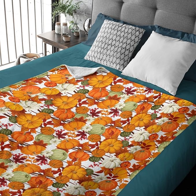 Thuswarm Autumn Harvest Pumpkins Print Flannel Blanket for Autumn Winter Gifts Warm Cozy Soft Funny Print Throw for Bed Couch Sofa 80”×60” Large for Adult