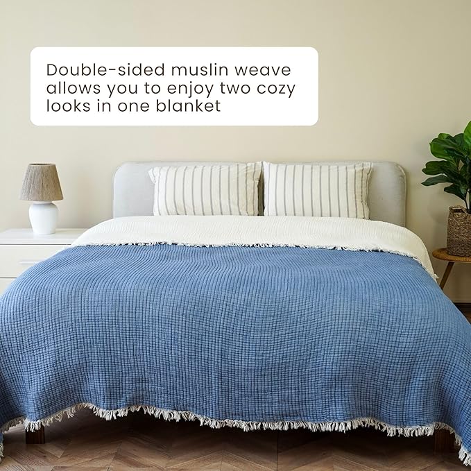 Christmas Muslin Comforter – Cotton Muslin Blanket with Soft Fiber Filling, Breathable & Cozy Muslin Throw Blanket, Reversible Holiday Quilt (Dusty Blue, Queen (U.S. Standard))