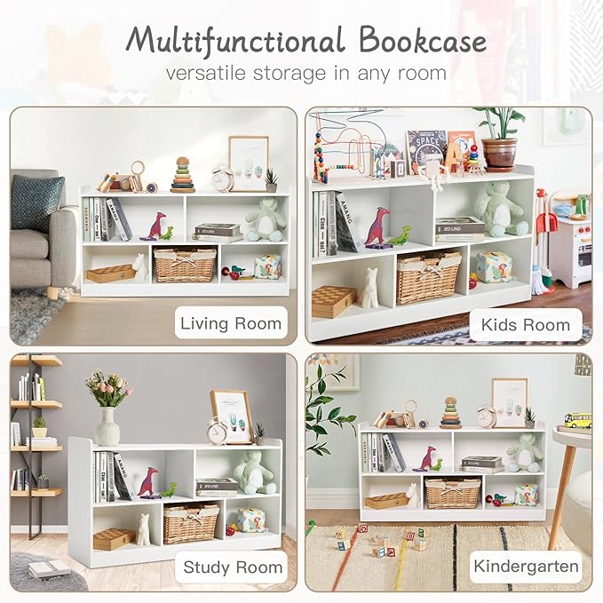 Montessori Shelf, Wooden Toy Storage Organizer for Books Toys, 2 Shelf Bookcase, 5-Section Storage Cabinet, Toddler Book Shelf for Kids Rooms, Playroom, Nursery, Kindergarten