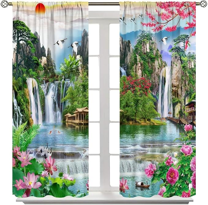 Waterfall Blackout Curtains, Forest Waterfall Rocky Lotus Fish Landscapes Print Window Drapes, for Living Room Bedroom 63" W X 63" L