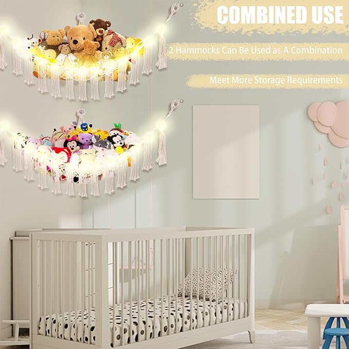 Stuffed Animal Hammock with LED Light, Large Stuffed Animals Storage Corner Plushie Net for Kids Room Decor, 2 Packs White