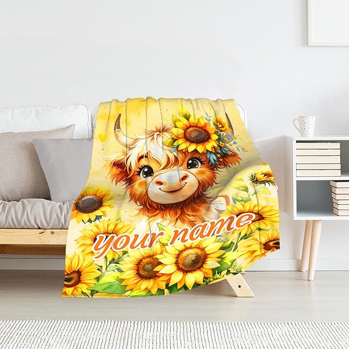 Custom Highland Cow Throw Blanket - 50" x 60" Inches Highland Cow Sunflower Blanket for Teens - Yellow Lightweight Warm Throw for Couch, Bed & Travel