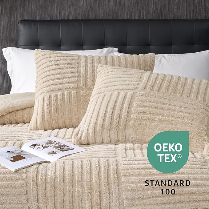 Amélie Home Queen Comforter Set with Stripe Jacquard Design in Khaki, Super Warm Fluffy Plush Bedding Set for Winter, 3 Pieces Including 1 Soft Comforter and 2 Pillowcases