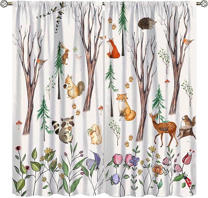 Forest Animal Kids Curtains, Watercolor Cartoon Window Treatments, Cute Animal Floral Girl Toddler Home Bedroom Living Room Drapes 84x84in