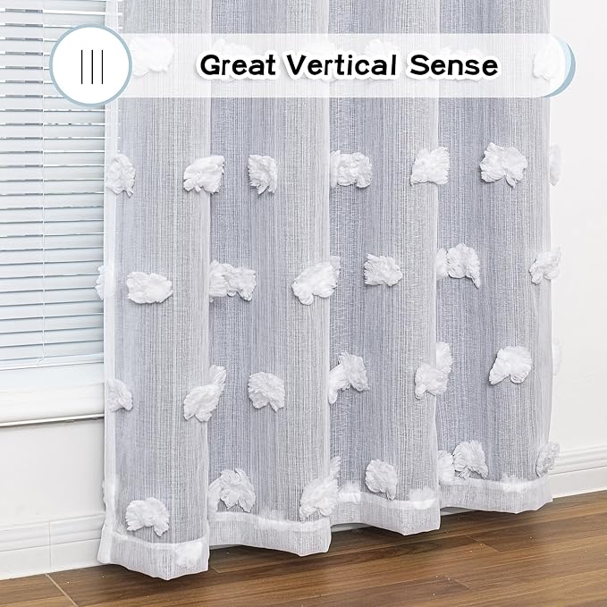 MYSKY HOME Dusty Blue Curtains for Bedroom & Kids Room - 54 Inch Long, Double Layer, White Pom Pom, Sheer, Grommet, Darkening, Small Window, 2 Panels, 52 x 54 in