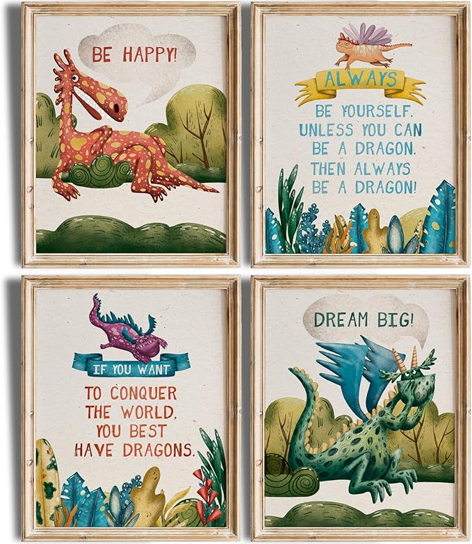 DREAM BIG PRINTABLES - Dragon Art Prints (Set of 4) - Unframed - 8x10s | Wall Art for Home, Office, Kids Room, Living Room, Bedroom, Classroom Decor