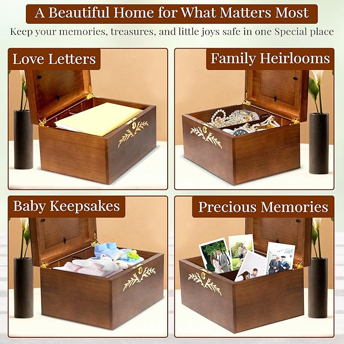 Wedding Keepsake Box With Lock, Large Memory Box for Keepsakes | Decorative Large Wooden Storage Box, with Heart frame Photo Keepsake Box, Baby Memory box | Wooden Gift Boxes-11×8.5×5in