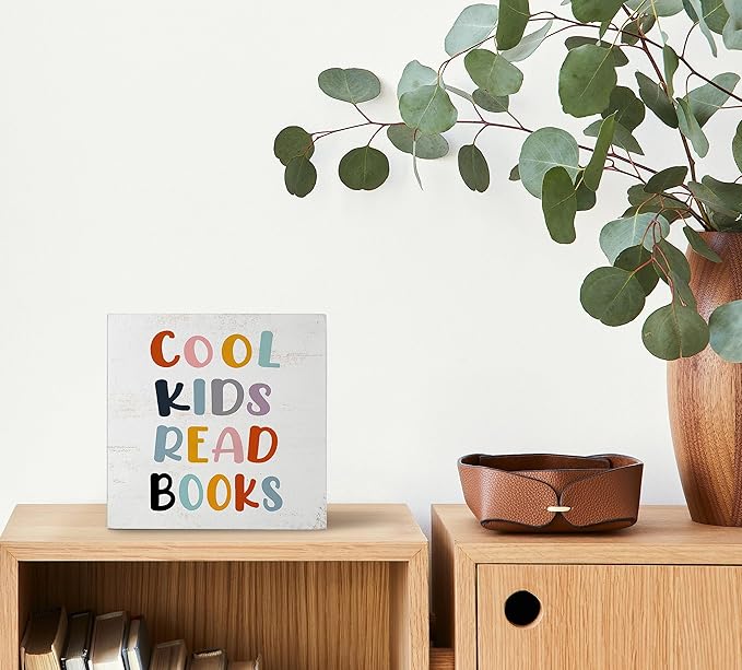 Mtrgdn Cool Kids Read Books Wood Box Sign Desk Decor Rustic Reading Wooden Box Block Sign Decorations for Home Kids Room Reading Room Nursery Classroom Wall Tabletop Desk Decor