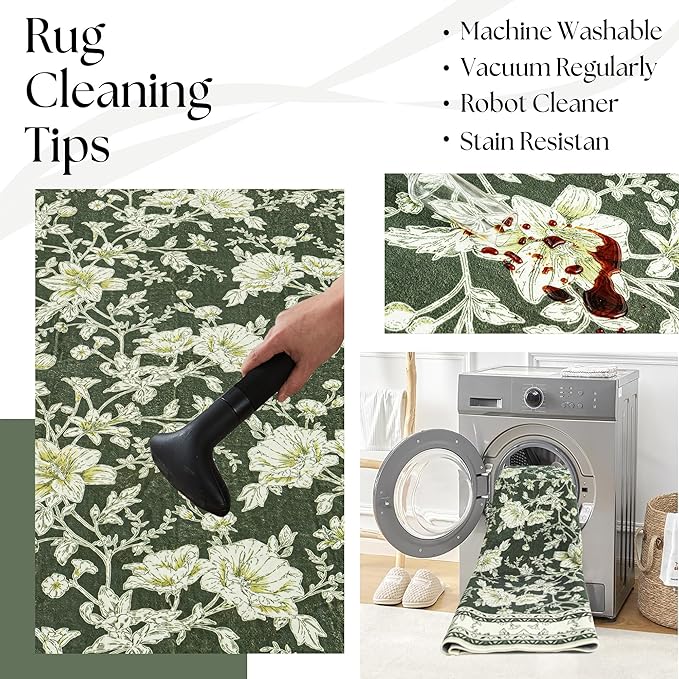 Olive Green Floral Print Area Rugs for Bedroom Living Room Boho Farmhouse Country Rustic Dining Room Carpet Soft Washable Rugs Non Slip Floor Covering for Nursery Playroom 10x14