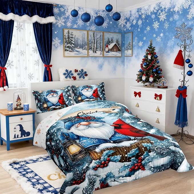 Kawaii Santa Claus Girls Bedding Set Twin Size,Poinsettia Cardinal Christmas Birds Comforter Set,Holly Berry Winter Snowflake Quilt Comforter Girl Boy Teens,Blue Red Room Decor All Season,1 Pillowcase