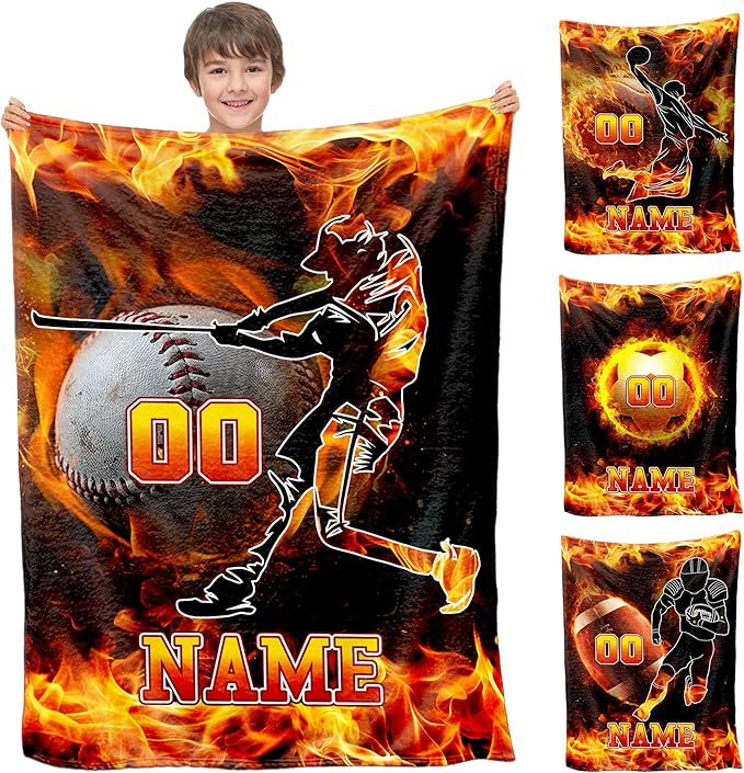 Ship Next Day, Personalized Balls Blanket with Name for Boys Girls, Sports Fan Throw Blanket - Basketball, Baseball, Football, Soccer, Custom Gift for Birthday Christmas, Cool for Baby, Kids,Teens