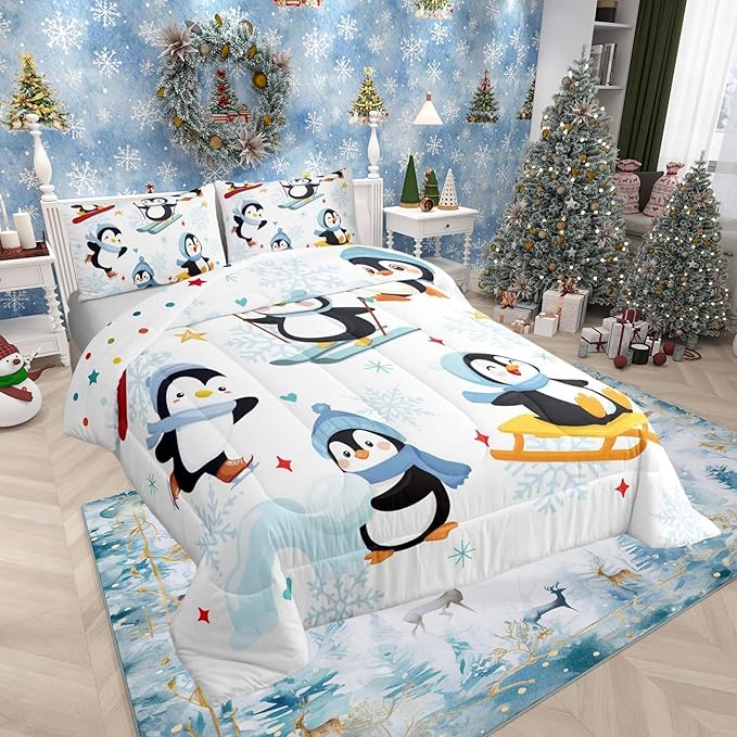 Cute Cartoon Skiing Penguin Twin Size Comforter Set for All Seasons,Winter Snowflake New Year Bedding Set Teens Bedroom Decor,Merry Christmas Theme Comforter Inner Fill with 1 Pillowcase
