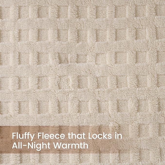 Amélie Home Waffle Comforter Queen Set, Khaki Fluffy Fleece Bedding Set, Super Soft Fluffy Plush Bedding Set for Winter, 3 Pieces, 1 Fuzzy Comforter and 2 Pillowcases