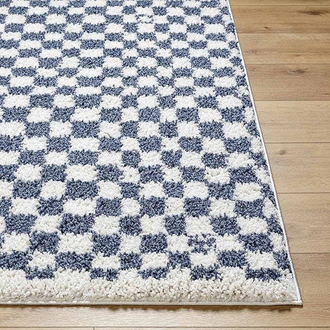 Hauteloom Kieu Contemporary Checkered Fluffy Shag Area Rug - Modern Geometric Soft Carpet Tiles for Living Room, Kids Room, Nursery - Blue, White - 7'10" x 10'