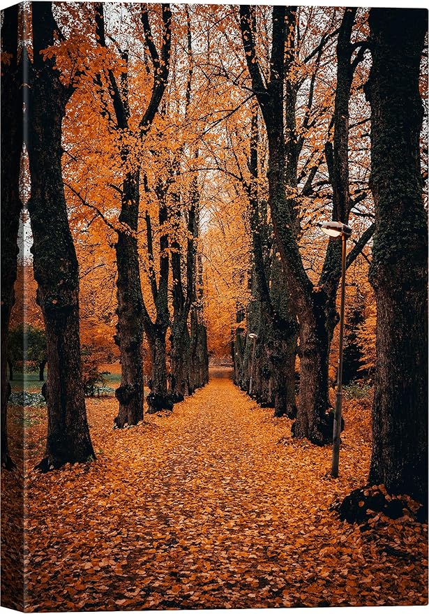 SIGNWIN Canvas Wall Art Orange Autumn Garden Path Nature Forest Photography Realism Rustic Scenic Dramatic Multicolor Cool for Living Room - 24"x36" inches
