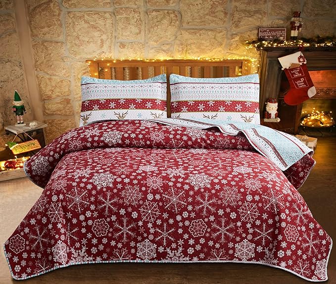 Christmas Bedding Set Twin Size Christmas Quilt Bedspread Xmas Bedding Reversible Christmas Quilt Coverlet Rustic Lodge Deer Snowflake Bedding Cabin Home Holiday Decor Xmas Quilt