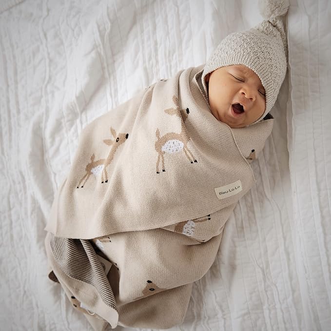 Soft Baby Swaddle Receiving Blanket - 100% Cotton Knit Soft Cozy Receiving Swaddling Quilt Blanket for Shower Gift Registry for Newborns, Infants, Toddlers (Deer - Sage)