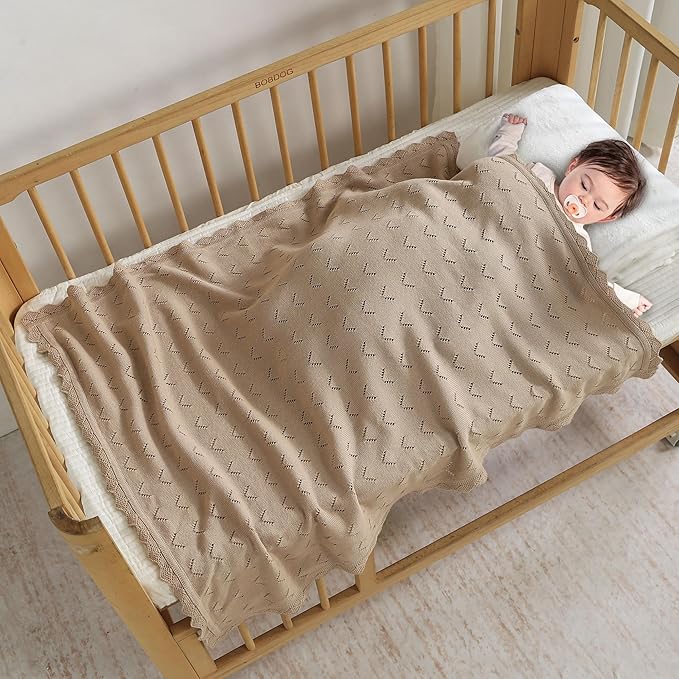 Baby Blanket 100% Cotton Knit Swaddle Soft Newborn Receiving Blanket Cozy for Boy/Girl Crib,Stroller Khaki 40x30in