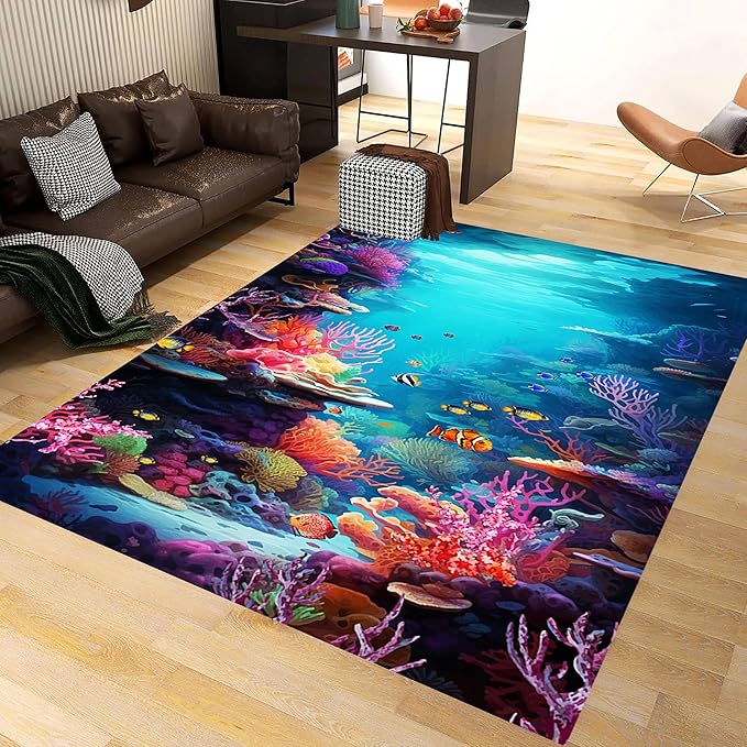 Under The Sea Area Rug, 6x9ft, Underwater World Coral Carpets for Bedroom, Marine Animal Tropical Fish Non-Slip Carpet, Low Pile Thin Absorbent Machine Washable Rugs for Living Room