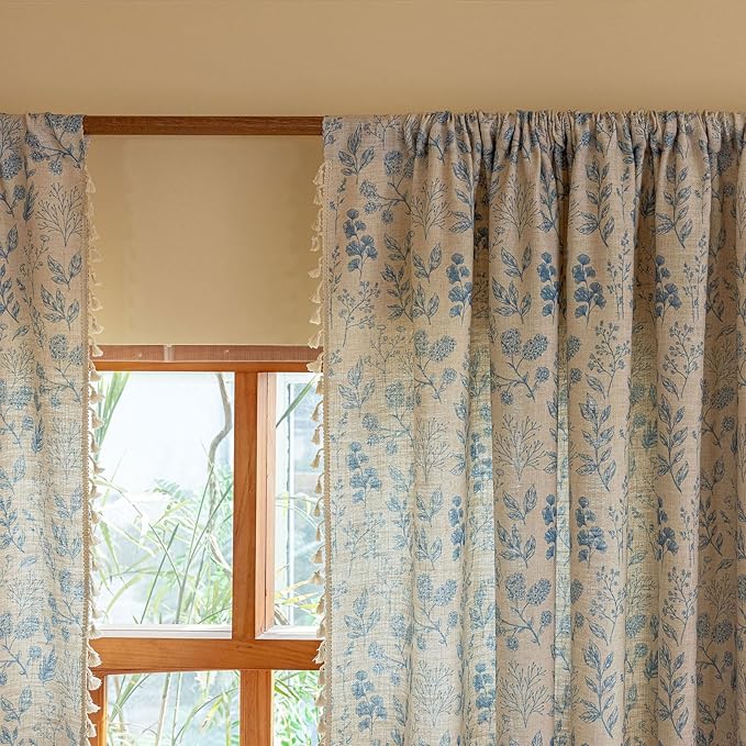 ENJOYBRIDAL Blue Floral Curtains 96 Inches Long 2 Panels Semi Sheer Living Room Drapes Boho Aesthetic Bedroom Farmhouse Window Curtain Panels Tassel Decorative Rod Pocket Window Treatments
