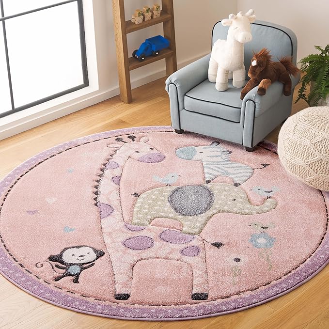 SAFAVIEH Carousel Kids Collection Area Rug - 3' Round, Blush Pink, Geometric Design, Ideal for High Traffic Areas in Living Room, Bedroom, Dining (CRK120U)