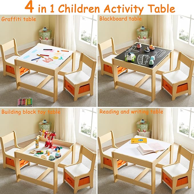 Kids Table and Chair Set, 3 in 1 Wooden Activity Table with Storage Drawer for Toddlers Drawing, Reading, Crafts, 2 in 1 Detachable Tabletop Table Set for Nursery, Playroom (Natural)