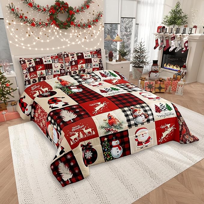 Christmas Comforter Set Queen Size,Red Plaid Holiday Design Bedding Set 3pcs,Snowman Santa Claus New Year Patchwork Down Comforter for All Season, Kids Boys Girls Room Decor,2 Pillowcases,No Sheets